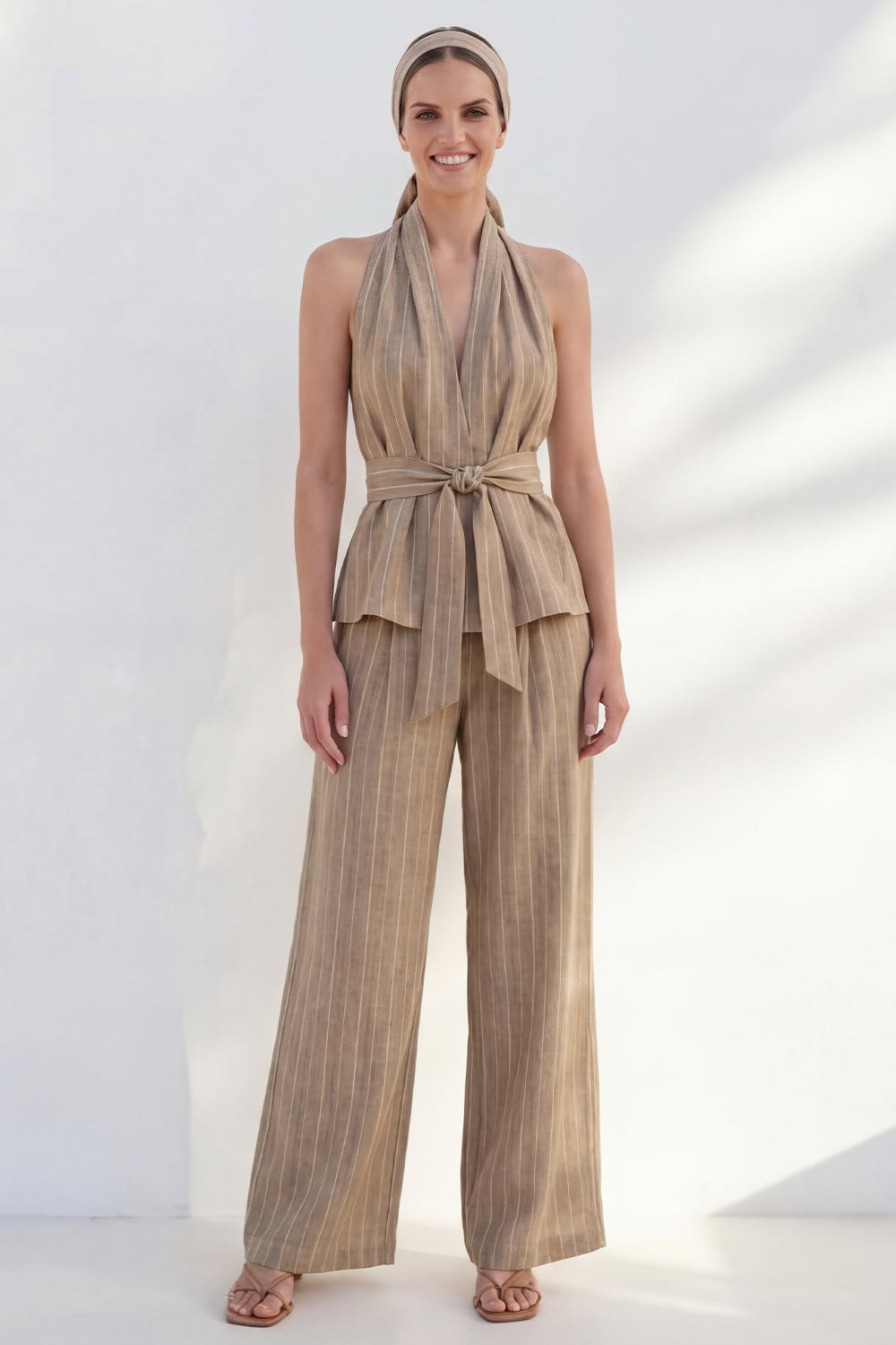Halter Khaki 2 Piece Striped Wide Leg Business Suits with Belt