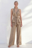 Halter Khaki 2 Piece Striped Wide Leg Business Suits with Belt