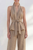 Halter Khaki 2 Piece Striped Wide Leg Business Suits with Belt