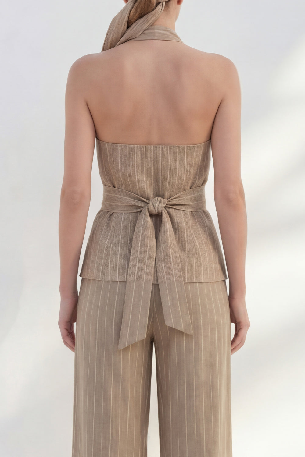Halter Khaki 2 Piece Striped Wide Leg Business Suits with Belt