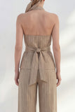 Halter Khaki 2 Piece Striped Wide Leg Business Suits with Belt