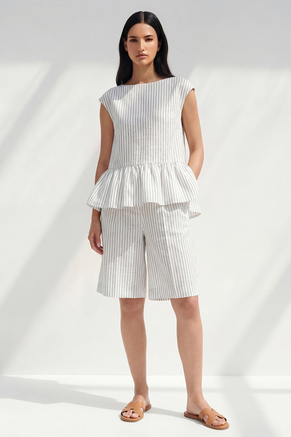 2 Piece White Ruffled Boat Neck Striped Business Suits with Pockets