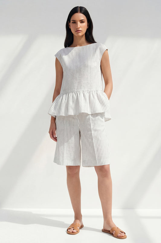 2 Piece White Ruffled Boat Neck Striped Business Suits with Pockets