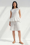 2 Piece White Ruffled Boat Neck Striped Business Suits with Pockets