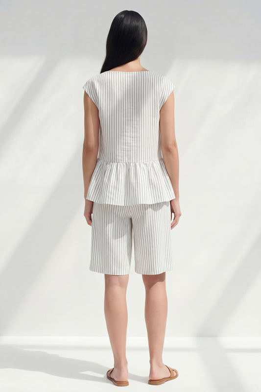 2 Piece White Ruffled Boat Neck Striped Business Suits with Pockets