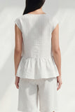 2 Piece White Ruffled Boat Neck Striped Business Suits with Pockets