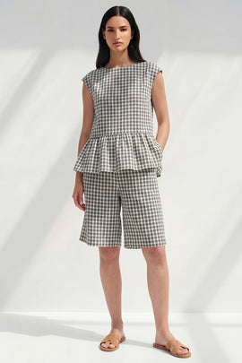 Boat Neck 2 Piece Black and White Plaid Business Suits with Ruffles
