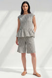 Boat Neck 2 Piece Black and White Plaid Business Suits with Ruffles