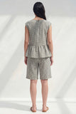 Boat Neck 2 Piece Black and White Plaid Business Suits with Ruffles