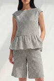 Boat Neck 2 Piece Black and White Plaid Business Suits with Ruffles