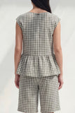 Boat Neck 2 Piece Black and White Plaid Business Suits with Ruffles