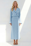 Notched Lapel Blue Long Sleeves 2 Piece Business Suits