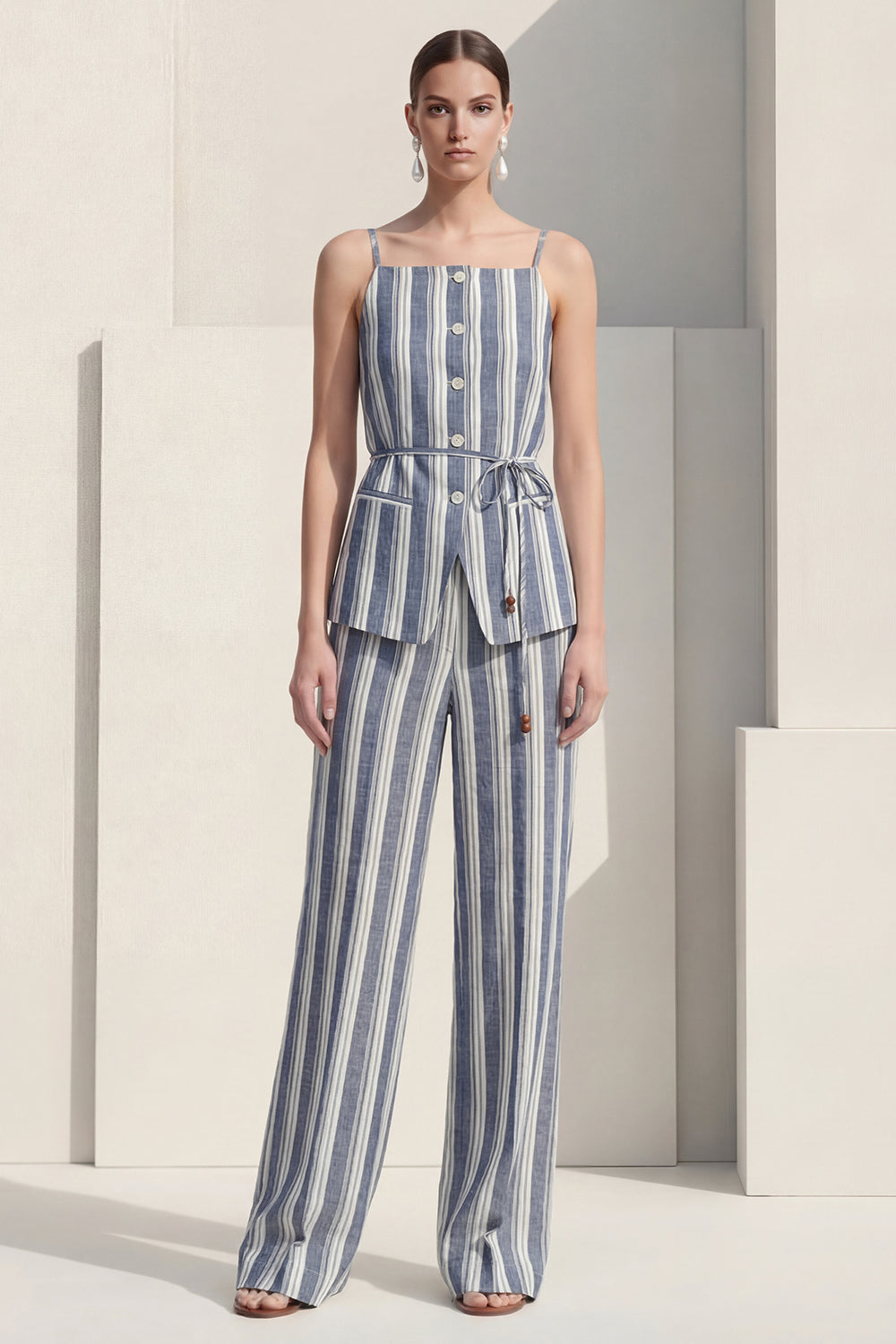 Spaghetti Straps Dusty Blue 2 Piece Striped Slim Fit Business Suits with Belt