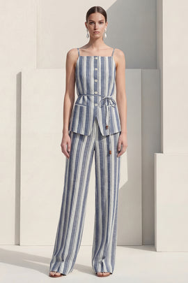 Spaghetti Straps Dusty Blue 2 Piece Striped Slim Fit Business Suits with Belt