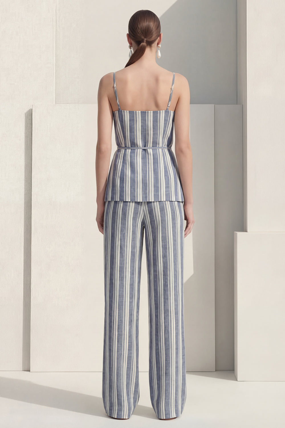 Spaghetti Straps Dusty Blue 2 Piece Striped Slim Fit Business Suits with Belt