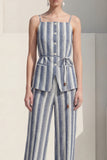 Spaghetti Straps Dusty Blue 2 Piece Striped Slim Fit Business Suits with Belt