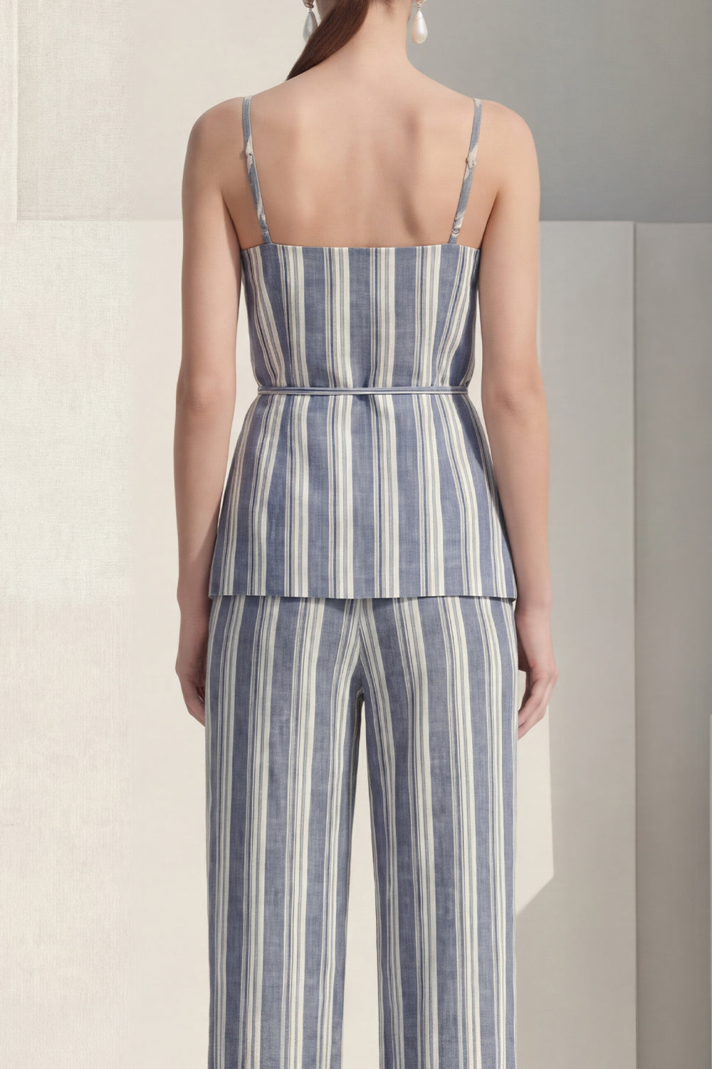 Spaghetti Straps Dusty Blue 2 Piece Striped Slim Fit Business Suits with Belt
