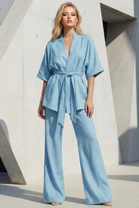 Blue 2 Piece Shawl Lapel Half Sleeves Business Suits with Belt