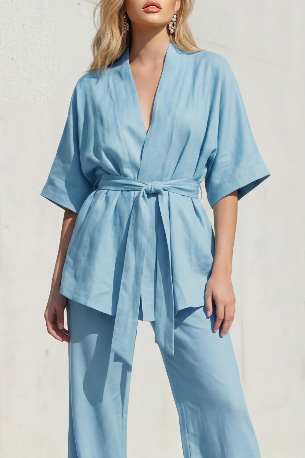Blue 2 Piece Shawl Lapel Half Sleeves Business Suits with Belt