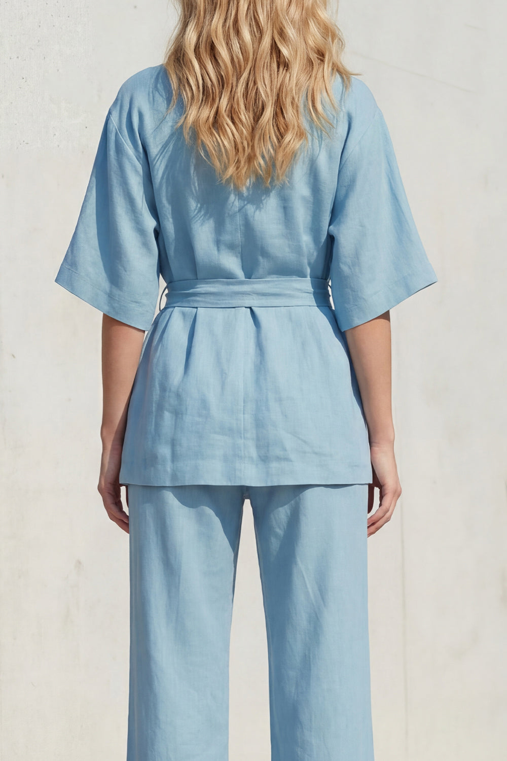 Blue 2 Piece Shawl Lapel Half Sleeves Business Suits with Belt