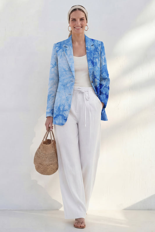Single Breasted Notched Lapel Blue 2 Piece Printed Business Suits with Pockets