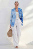Single Breasted Notched Lapel Blue 2 Piece Printed Business Suits with Pockets