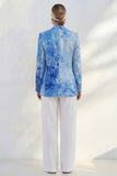 Single Breasted Notched Lapel Blue 2 Piece Printed Business Suits with Pockets