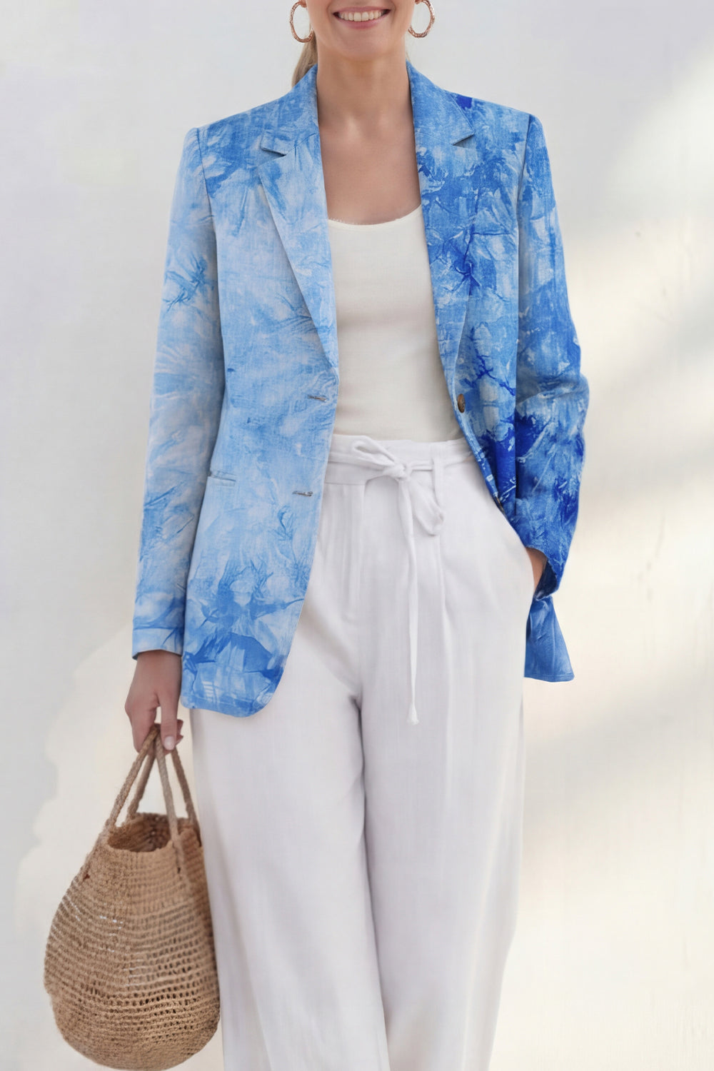 Single Breasted Notched Lapel Blue 2 Piece Printed Business Suits with Pockets