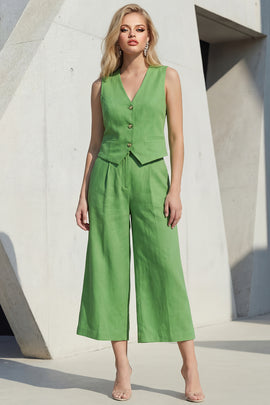 Green Shawl Lapel 2 Piece Single Breasted Wide Leg Business Suits