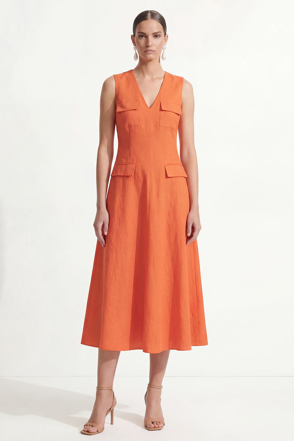 Orange V Neck Maxi Work Dress with Pockets