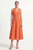 Orange V Neck Maxi Work Dress with Pockets