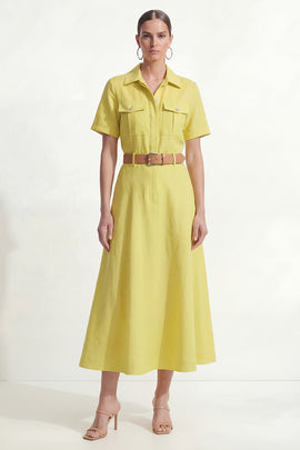 Lemon Yellow Short Sleeves Lapel Neck Work Shirt Dress with Belt