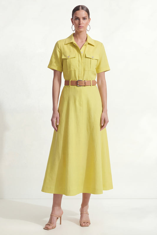 Lemon Yellow Short Sleeves Lapel Neck Work Shirt Dress with Belt