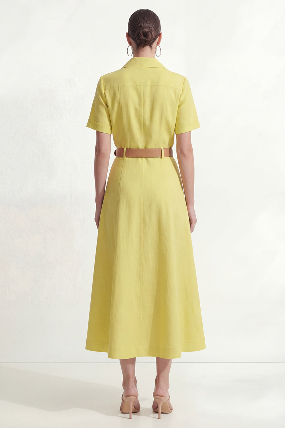 Lemon Yellow Short Sleeves Lapel Neck Work Shirt Dress with Belt
