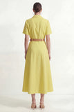 Lemon Yellow Short Sleeves Lapel Neck Work Shirt Dress with Belt