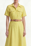 Lemon Yellow Short Sleeves Lapel Neck Work Shirt Dress with Belt
