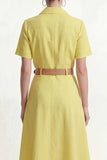 Lemon Yellow Short Sleeves Lapel Neck Work Shirt Dress with Belt