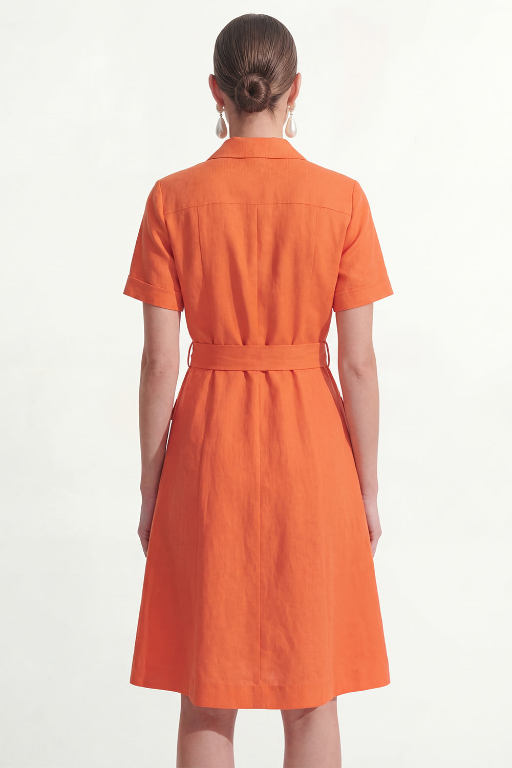 Notched Lapel Orange Short Sleeves Single Breasted Work Dress with Belt