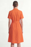 Notched Lapel Orange Short Sleeves Single Breasted Work Dress with Belt