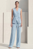 Shawl Lapel Blue 2 Piece Single Breasted Wide Leg Business Suits with Belt