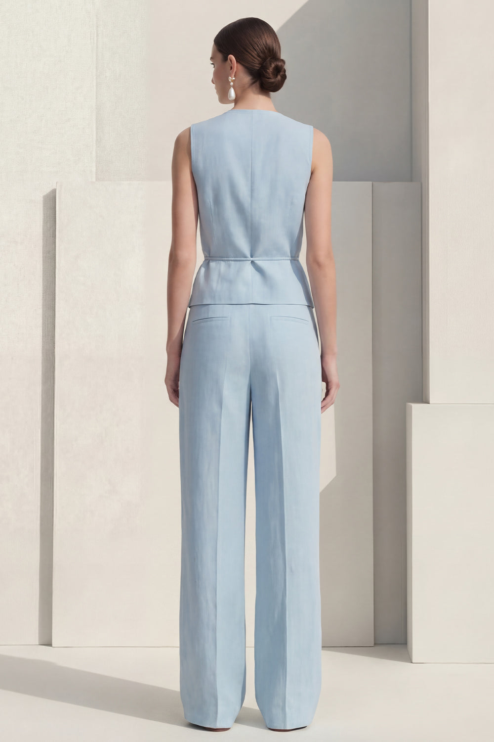 Shawl Lapel Blue 2 Piece Single Breasted Wide Leg Business Suits with Belt