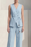 Shawl Lapel Blue 2 Piece Single Breasted Wide Leg Business Suits with Belt