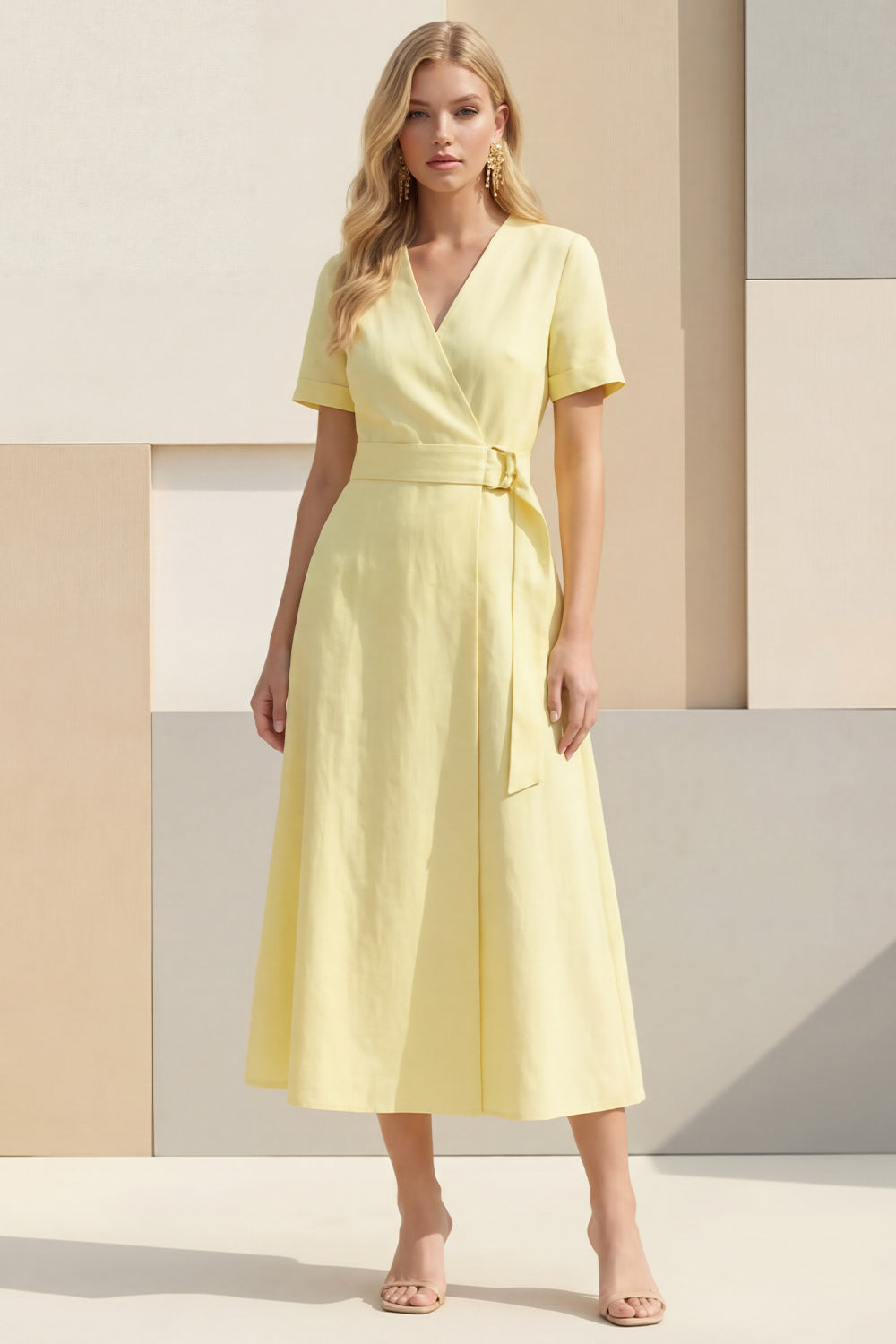 Shawl Lapel Light Yellow Short Sleeves Work Dress with Sash