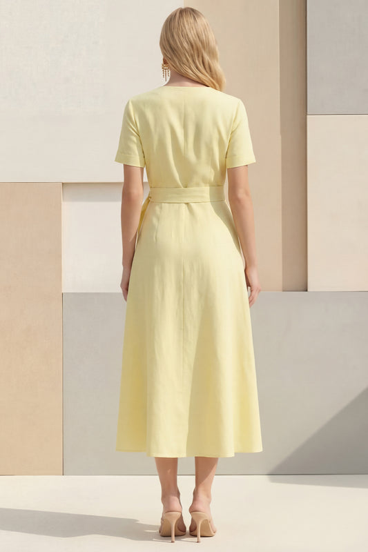 Shawl Lapel Light Yellow Short Sleeves Work Dress with Sash
