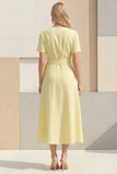Shawl Lapel Light Yellow Short Sleeves Work Dress with Sash