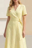 Shawl Lapel Light Yellow Short Sleeves Work Dress with Sash