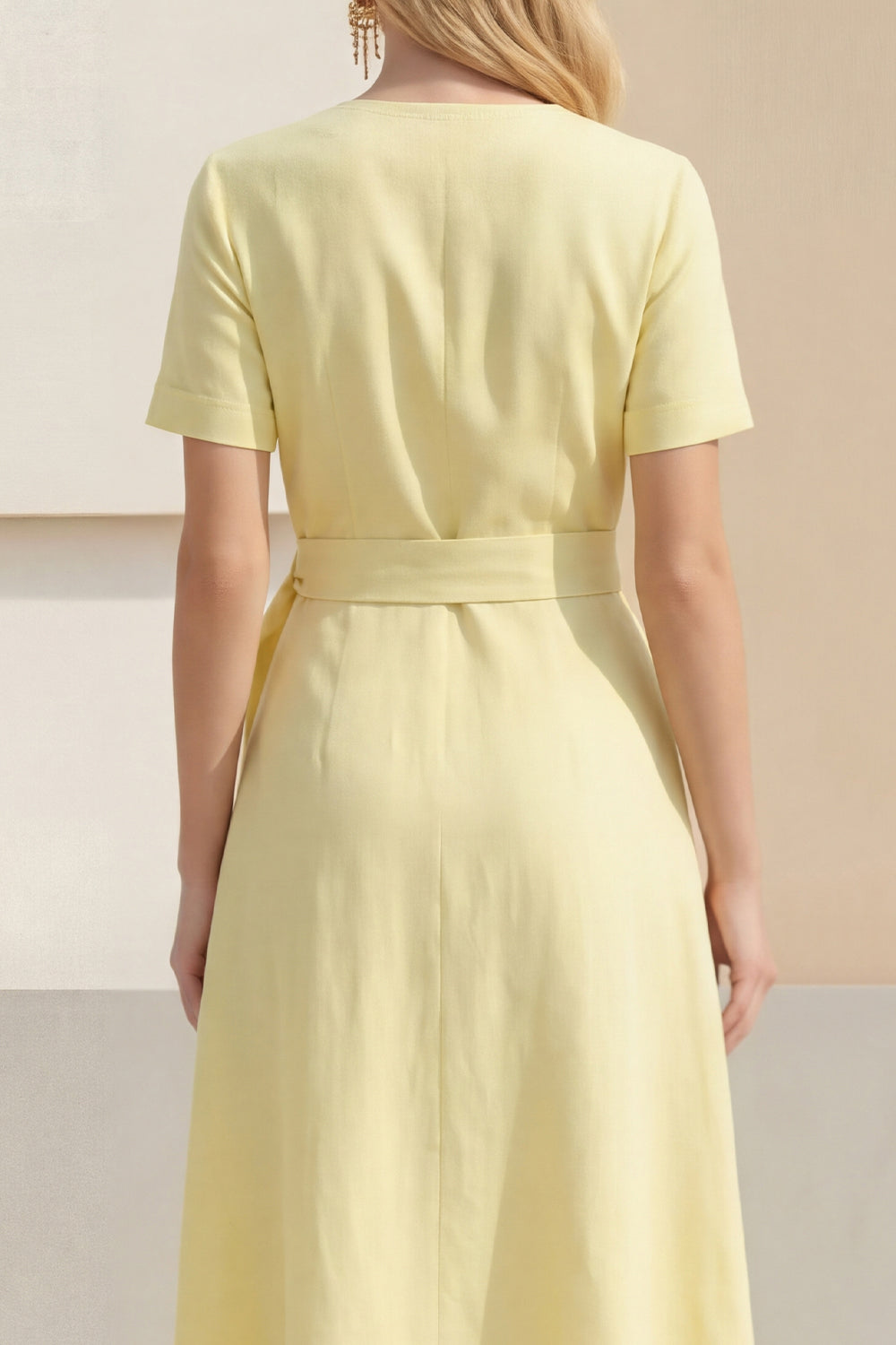 Shawl Lapel Light Yellow Short Sleeves Work Dress with Sash