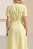 Shawl Lapel Light Yellow Short Sleeves Work Dress with Sash