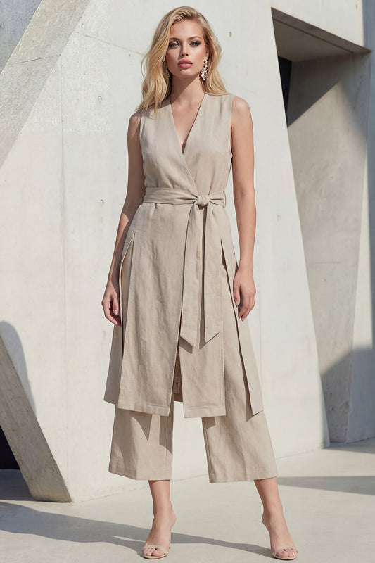 Shawl Lapel Khaki 2 Piece Wide Leg Business Suits with Belt