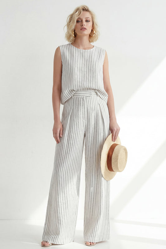 2 Piece White Round Neck Striped Wide Leg Business Suits